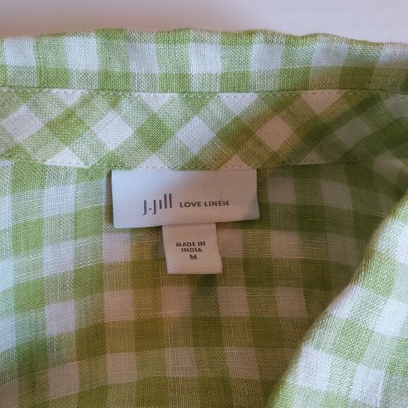 J Jill Love Linen Green White Gingham Popover Blouse Size Med - Picture 10 of 10